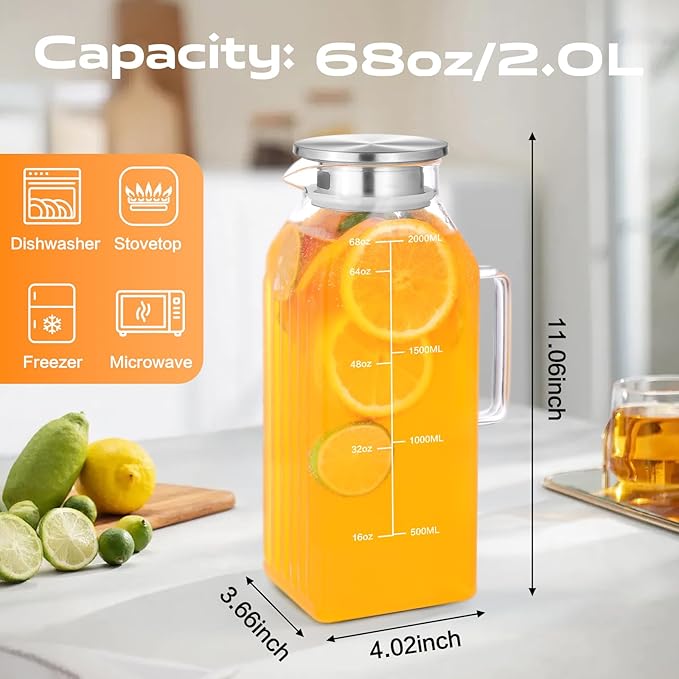 Aofmee 68oz Glass Pitcher for Fridge Door, 2 Liter Square Water Pitcher with Lid and Scale Line, Heat Resistant Tea Pitchers, Leak Proof Juice Jug, Borosilicate Glass Carafe for Hot/Cold Beverage