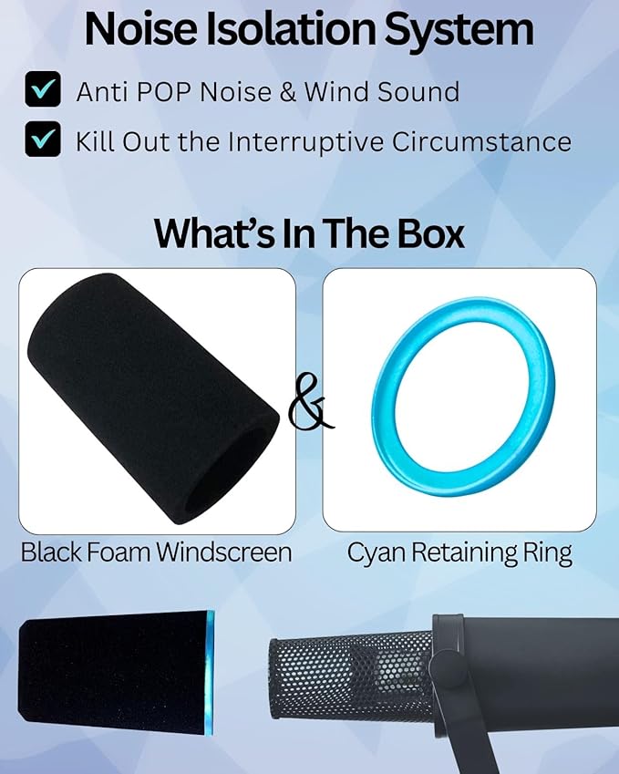 SM7b Foam Cover for Shuer SM7B, MV7 POP Filter RK345 Replacement, Windscreen with Colored Retaining O-Ring Identified Seat (Cyan)