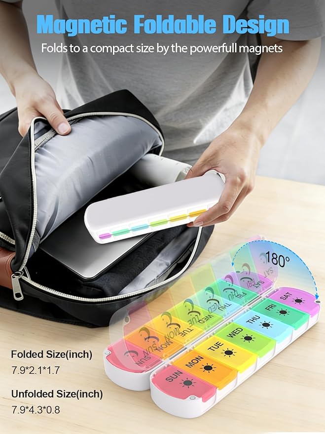 Magnetic Foldable Weekly Pill Organizer 2 Times a Day,Gelibo 7 Day AM PM Pill Box with Dual-Protection,BPA-Free Large Travel Pill Case for Vitamins/Fish Oils/Supplements,Easy to Open for Arthritis
