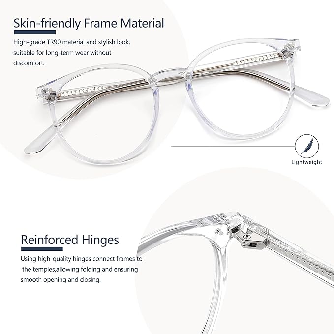 Blue Light Blocking Glasses for Women and Men, Round Frame Computer Gaming Anti Eyestrain & UV Glare RF6213 (Clear)