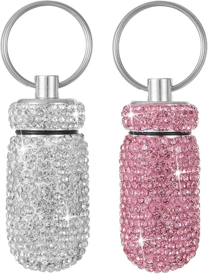 Bling Pill Case Portable Travel Pill Container Bottle Rhinestone Waterproof Small Pill Holder with Keychain Cute Mini Pill Storage Box for Outdoor Camping (White Pink)