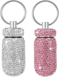 Bling Pill Case Portable Travel Pill Container Bottle Rhinestone Waterproof Small Pill Holder with Keychain Cute Mini Pill Storage Box for Outdoor Camping (White Pink)