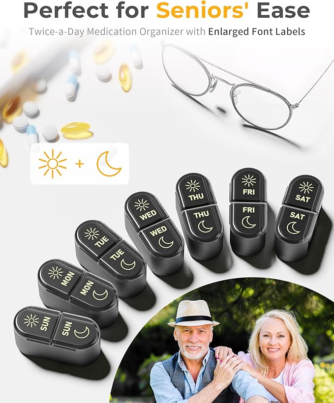Weekly Pill Organizer 2 Times a Day, AM PM Pill Organizer 7 Day, Large Pill Box 7 Day, Travel Pill Case Daily, Black Privacy Protection Medicine Container for Medication, Vitamins, Supplements