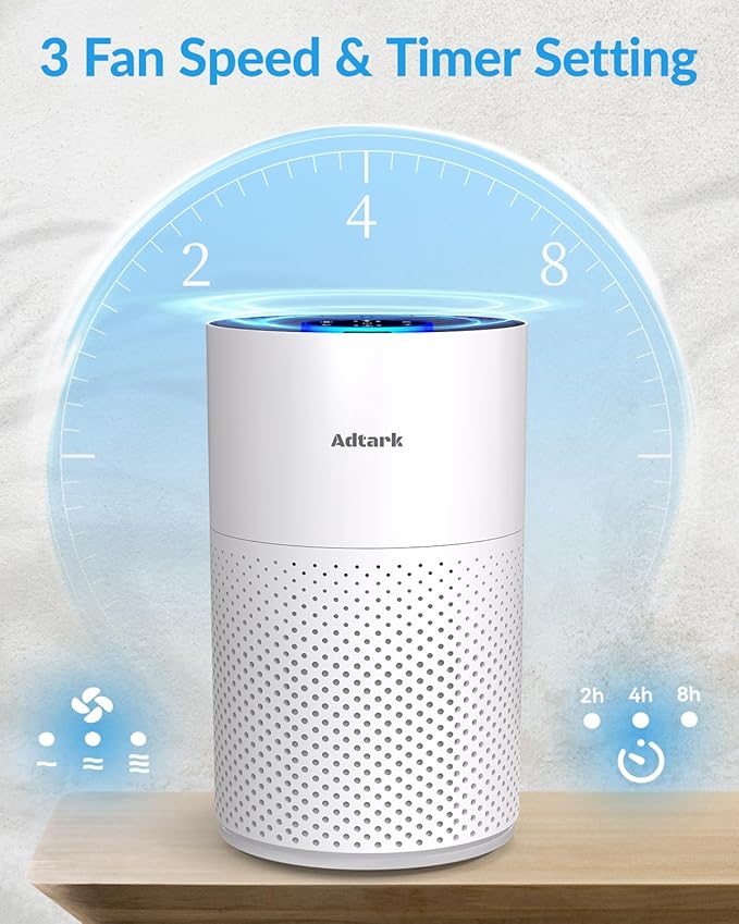 Air Purifiers for Home Bedroom, ADTARK Air Cleaner with 3-in-1 Filter, Sleep Mode & Aroma Function, 3 Light Modes, Room Air Purifier with 3 Timer for Office, Dorm, Hotel (White)