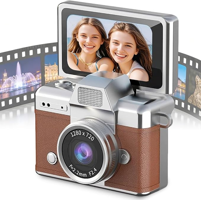 Mini Camera with Flip Screen, 2026 New Mini Digital Camera with 1.47 in LCD Screen, 1080P FHD Recording with 0.96" IPS Screen with 6 Retro Filters AVI, 32GB No Memory Card Included (Brown)