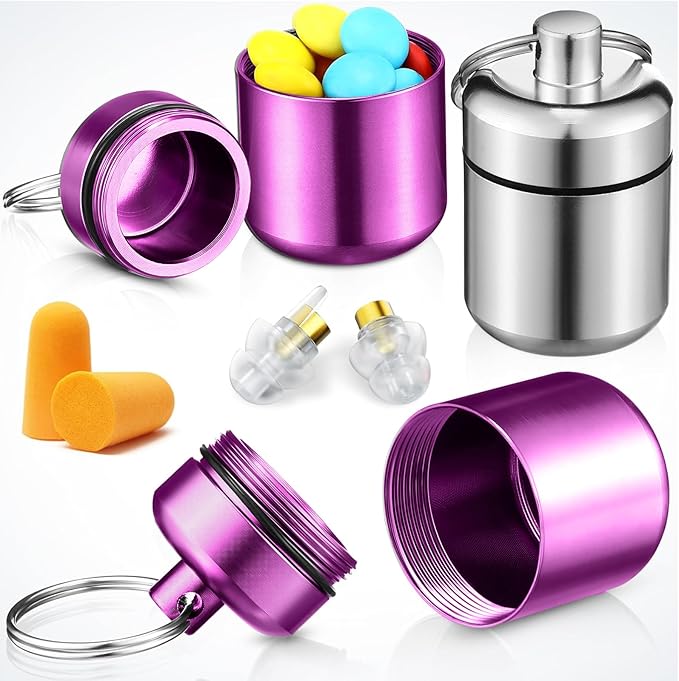 Hicarer 4 Pack Ear Plug Carrying Case, Waterproof Metal Ear Plug Holder with Keychain, Portable Small Pill Case Container for Earplugs, Jewelry, Pill Organizer for Travel or Sports(Silver, Purple)