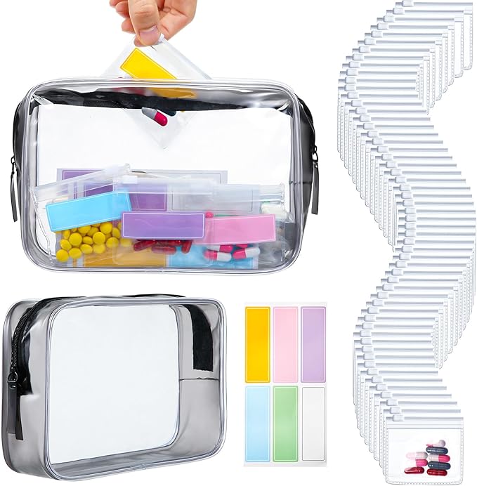 Meanplan 50 Pcs Pill Pouches Reusable Clear Zippered Pill Bag, Transparent PVC Toiletry Carry Pouch, 180 Pcs Waterproof Labels Stickers Travel Organizer Storage with Slide Lock for Small Items