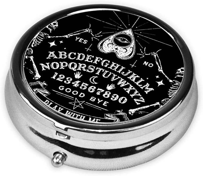 Round Pill Case Portable Small Weekly Travel Pill Organizer Portable Pocket Pill Box Dispenser for Purse Vitamin Fish Oil Compartments Container Medicine Box, Vintage Skeleton Magic Spirit Board Black