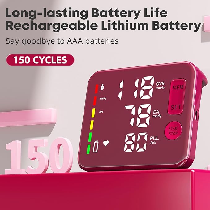 Blood Pressure Monitor Rechargeable Upper Arm Blood Pressure Monitors for Home Use Large Screen Bp Machine with Bp Cuff, 2x120 Memory, Voice Broadcast Bp Monitor(Red)