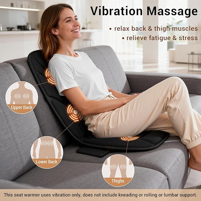 Massage Seat Cushion with Full Back Thighs Heat Back Massager for Chair with 3 Heating Pads 6 Vibrating Motors, Massage Chair Pad for Home Office, Heated Seat Cover Warmer for Pain Relief