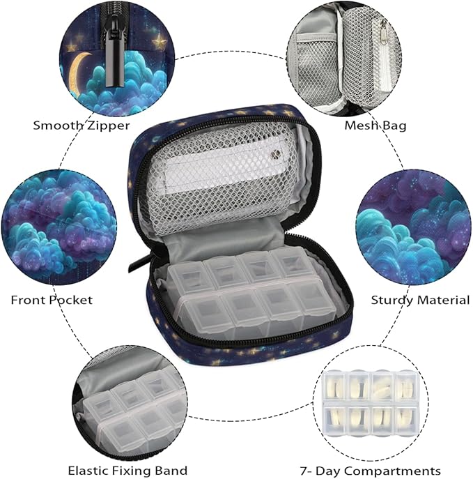 Stars Clouds Moon Pill Case Everyday Travel, 7 Day Weekly Medicine Pill Box Compact Portable Pills Bottle Organizer with Zipper for Daily Vitamin Medicine Holder Bottle Organizers Bag