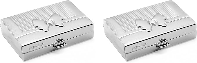 Set of 2 Rectangular-Shaped Pocket Purse Pill Box & Organizer with Dual Compartments (Silver Gift Bow)
