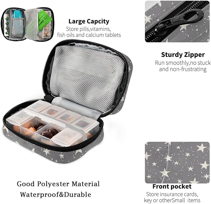 Fustylead Hand Draw Stars on Grey Background Pill Organizer and Storage Weekly with Zipper, Removable Pill Box Portable Medicine Organizer for Vitamin Fish Oil Supplement