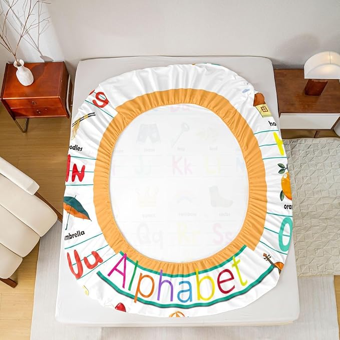 ABC Alphabet Bed Sheet Set Full Size, Cute Educational Learning Tool Fitted Sheet for Kids Toddler Cartoon Animal Bedding Set Learning Educational Bed Cover Lightweight Bed Set (No Flat Sheet)