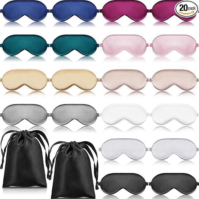 20 Pieces Silk Sleep Eye Mask with Elastic Strap Soft Sleeping Mask Eye Cover Satin Blindfold for Women Men Kids Sleeping Travel Eye Shades Including 2 Pieces of Black Bags(Multicolored)