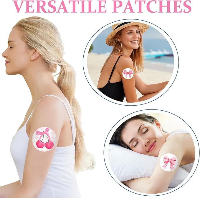 JarThenaAMCS 40 Pcs Pink Adhesive Patch NO Glue in The Center Sensor Cover Pre-Cut Bow Cherry Elastic Fabric for Continuous Glucose Monitor Fits Freestyle Libre 2 & 3