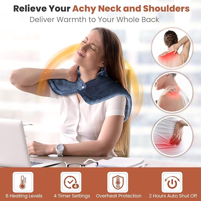 Heating Pad for Neck and Shoulders and Back, Electric Weighted Heat Pad for Pain Relief, 6 Heat Settings & Auto Shut Off Heated Wrap, Machine Washable Ultra Soft Fabric, Gifts for Women, Men, Mom, Dad