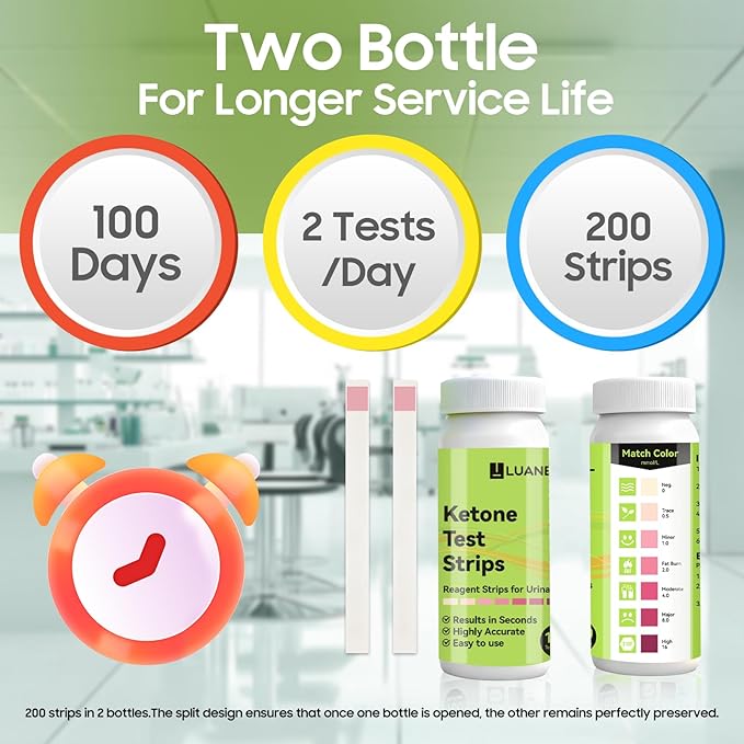 Ketone Test Strips 200 Count (100×2 Bottles) – Upgraded 7-Color Ketone Urine Test Strips for Monitor Ketosis – Keto, Low-Carb, Atkins & Paleo Diet Tracker, Ketone Test Kit with Color Chart on Bottle