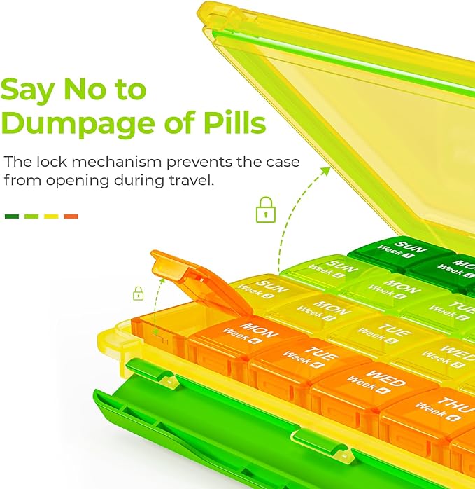 AUVON Moisture-Proof Monthly Pill Organizer, Large 28 Days Pill Box Case with Removable 4 Weeks Medication Organizer Rows, Travel-Friendly to Store Fish Oils, Vitamins, Supplements, Medications