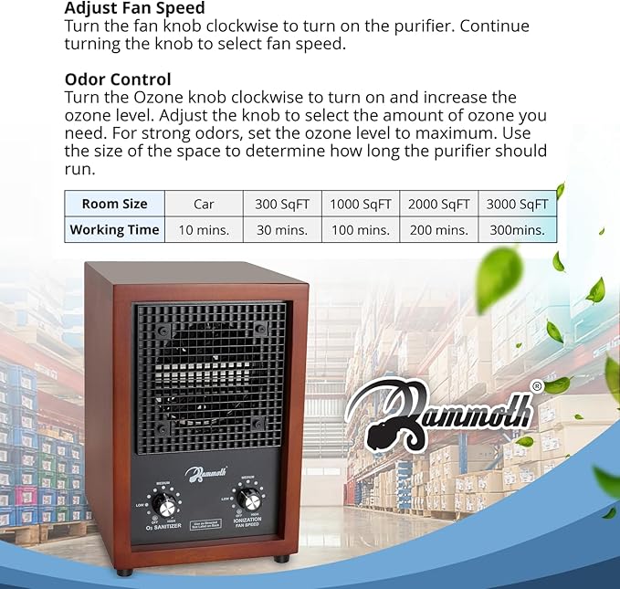 Mammoth Ion and Ozone Generator 3000 mg/hour, Adjustable up to 3,500 SqFt Ionizer & Deodorizer Ozone Odor Eliminator- Ozone Machine Wooden Design Ideal for Dust, Pollen, Pets & Smoke Smell