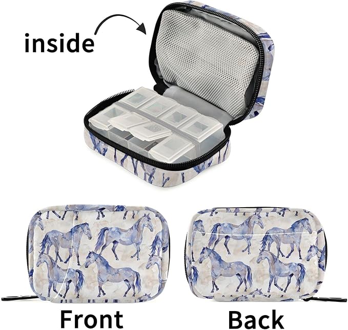 Fustylead Watercolor Hand Draw Beautiful Horses Pill Organizer for Purse, Weekly Portable Pill Box with Zipper to Storage Vitamins Fish Oils Medications Supplements