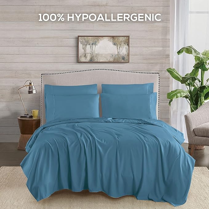 Mueller Luxury 6 PC Full Size Bed Sheets, Super Soft 1800, Deep Pocket up to 16" Full Size Sheets, Transfers Heat, Breathes Better, Hypoallergenic, Wrinkle-Resistant, Oeko-TEX, Denim
