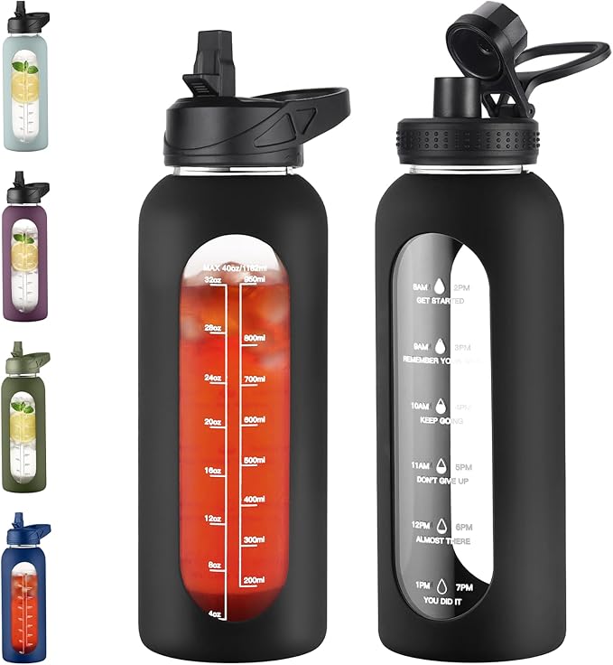 40 oz Glass Water Bottle With Straw and Handle, Sports Motivational Water Jug Flask with Silicone Sleeve, Large Water Cup with Time Marker for Travel, Gym, Black