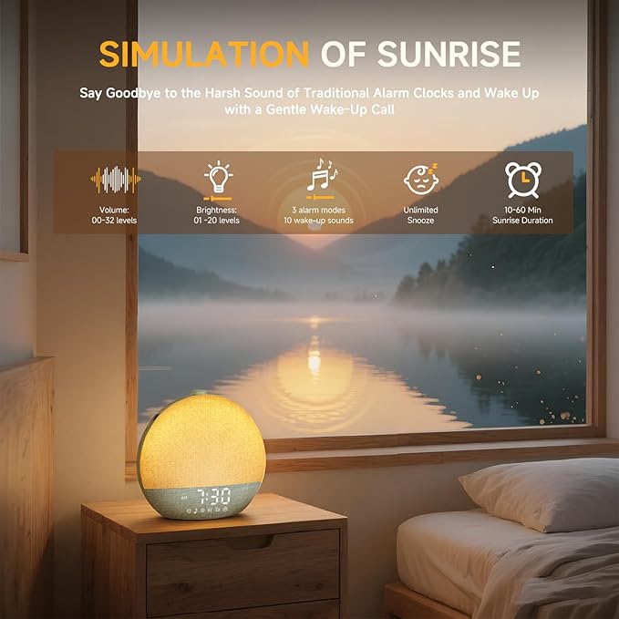 Sunrise Alarm Clock White Noise Sound Machine for Bedroom | Natural Wake-Up Light with 30 Soothing Sleep Aids, Bluetooth Speaker, Dimmable Clock, Screen-Free Design for Baby Kids-Matcha Green