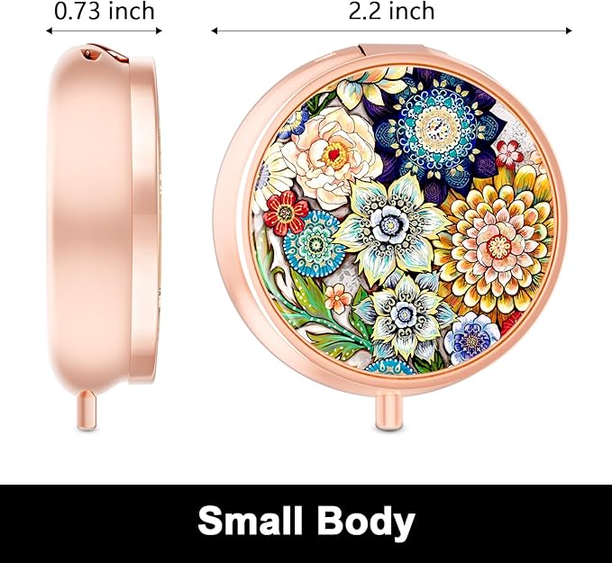 Rouidr Pill Box, 3 Compartment Medicine Pill Case, Small Metal Travel Medicine Box for Purse & Pocket, Rose Gold, Mandala Flower