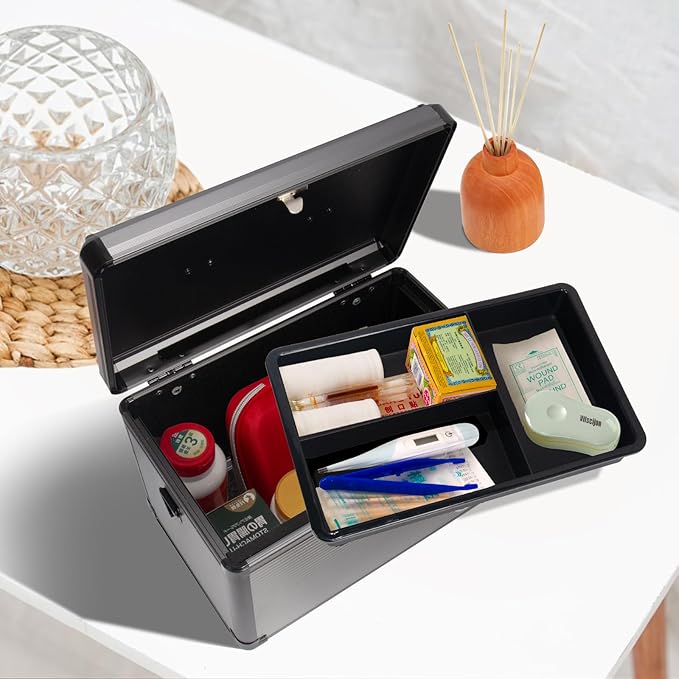 Medicine Lock Box with Key, Alluminum Alloy Box for Medication,First Aid Box with a Removeable Tray to Store Medicines & Pills for Home,Black 10 * 6.89 * 6.89 Inch