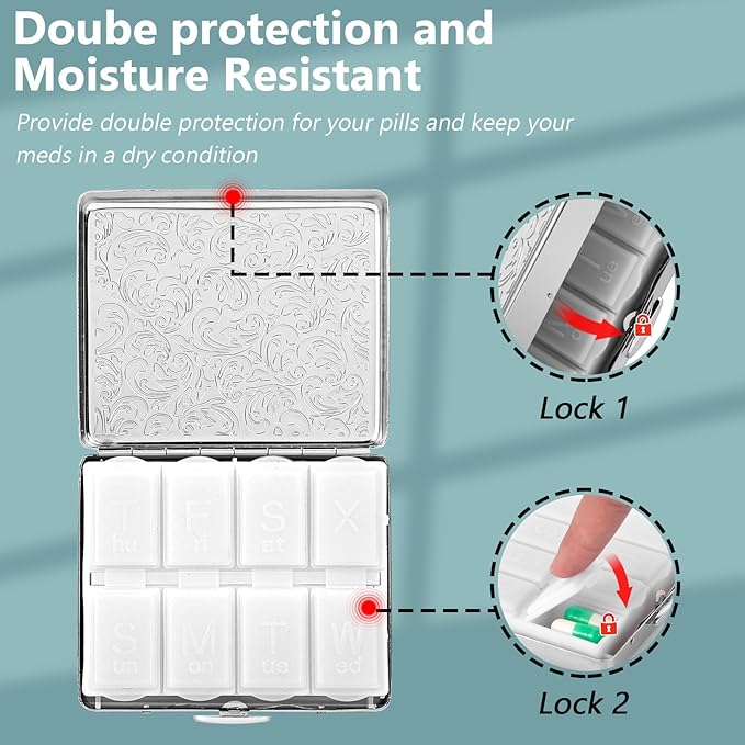 Pill Organizer 7 Days 8 Compartments, Travel Metal Pill Box, BPA-Free Portable Pill Box (Silver, Median)
