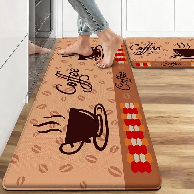 Anti Fatigue Kitchen Rugs Set of 2, Coffee Kitchen Mats for Floor, Farmhouse Kitchen Decor, Anti-Slip and Anti-Fatigue Foam Standing Mat, 17x30 inch Sink Mat+17x47 inch Runner Rug Brown