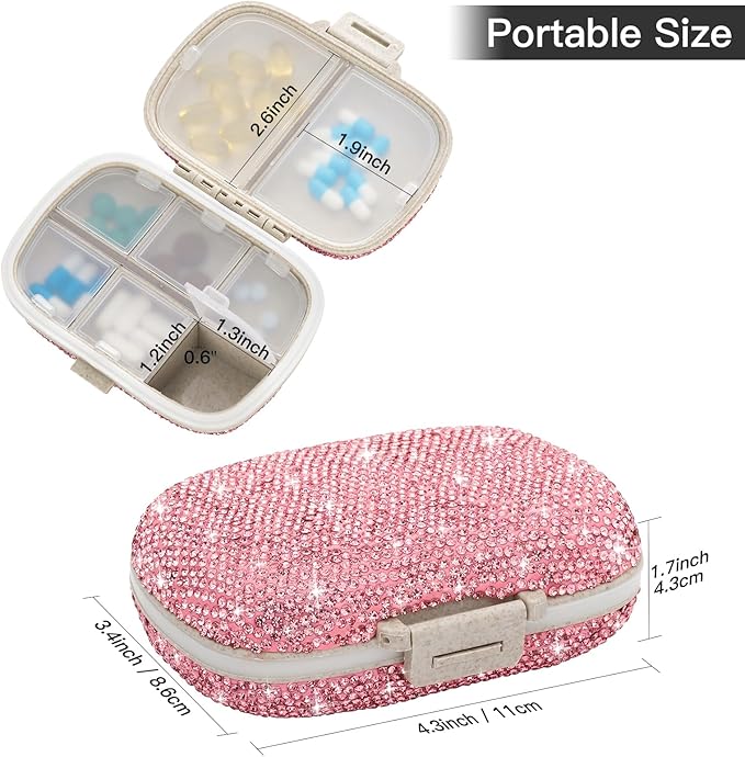 Soleebee Portable 8 Compartments Daily Pill Organizer, Bling Crystal Diamond Pill Box, Small Travel Pill Case, Pill Dispenser, Medicine Container Organizer to Hold Vitamin, Fish Oil (Pink)