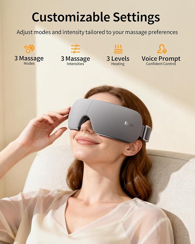 Ultra Quiet Eye Massager for Migraines with Temple Massage, Heat, Air Compression, Bluetooth Music Streaming, 10/15/20 Min Timer, Foldable Electric Eye Mask for Migraine Relief, Eye Strain, Eye Care