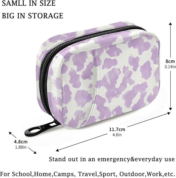 Fustylead Watercolor Light Purple and White Cow Skin Pill Organizer Travel Bag, Small Portable Pill Case Cute for Vitamin Fish Oil Supplements Medicine Organizer with Zipper