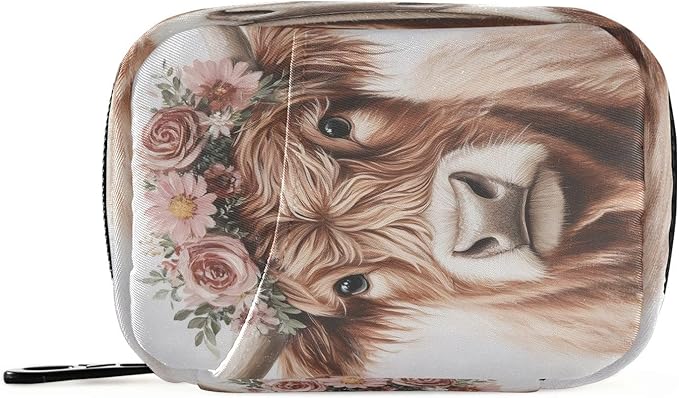 Cute Highland Cow with Flowers Pill Organizer Portable Travel Pill Case Weekly Pill Box for Medicine Vitamin Supplement