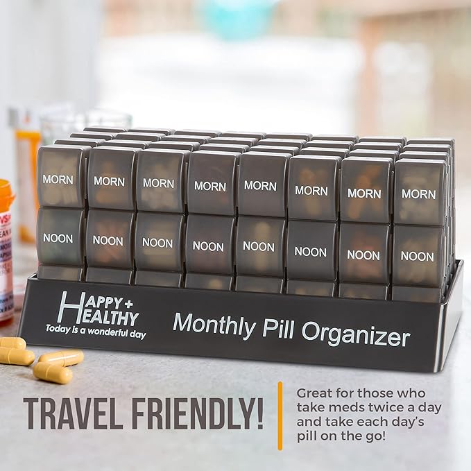 Month Pill Box Organizer - 32 Compartments | Morning-Noon-Night - 30 Day Pill Case with 32 Daily Compartments for Vitamins, Supplements, Medication - Travel Monthly Pill Organizer 3 Times-a-Day, Black