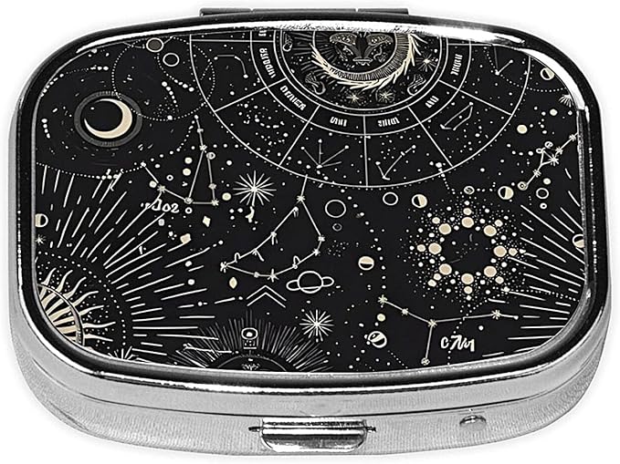 ABLESKY Pill Box, 2 Compartment Pill Organizer Case for Pocket or Purse, Small Portable Metal Travel Medicine Box with Mirror, Daily Vitamins Fish Oil Container-Tarot Constellation Moon Sun