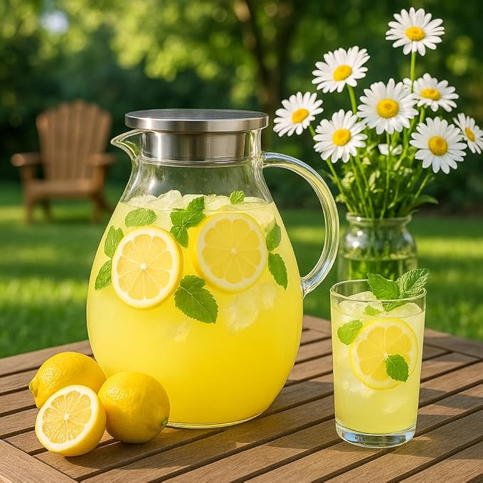 1 Gallon Glass Pitcher Water Jug with Lid – Family Size Large Drink Pitcher for Lemonade Iced Tea Cold Brew, Perfect for BBQ Kitchen Party