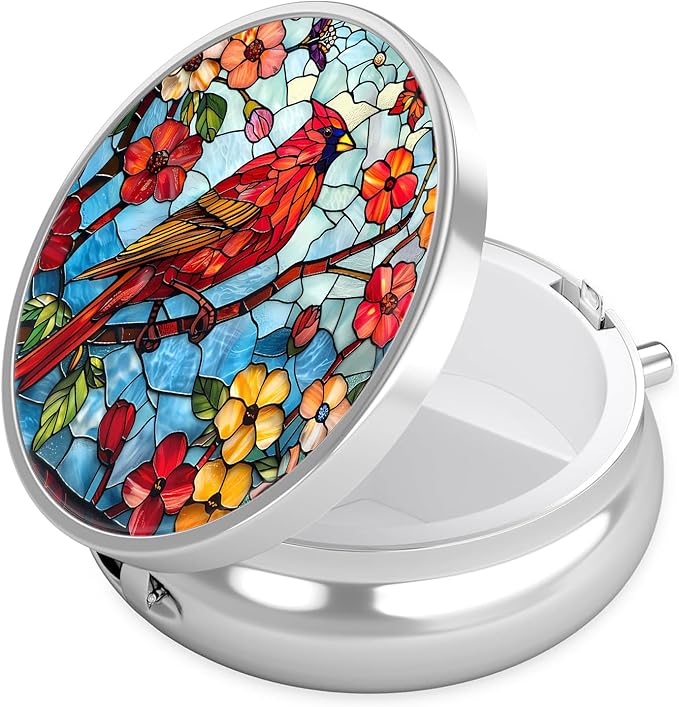Red Cardinal Flower Pill Case, Bird Pill Box 3 Compartments Metal Small Pill Holder with Mirror Mini Travel Pill Container for Purse Pocket Women Men