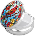 Red Cardinal Flower Pill Case, Bird Pill Box 3 Compartments Metal Small Pill Holder with Mirror Mini Travel Pill Container for Purse Pocket Women Men