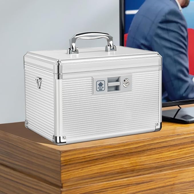 Medicine Lock Box with Key, Alluminum Alloy Box for Medication,First Aid Box with a Removeable Tray to Store Medicines & Pills for Home,Silver 10 * 6.89 * 6.89 Inch