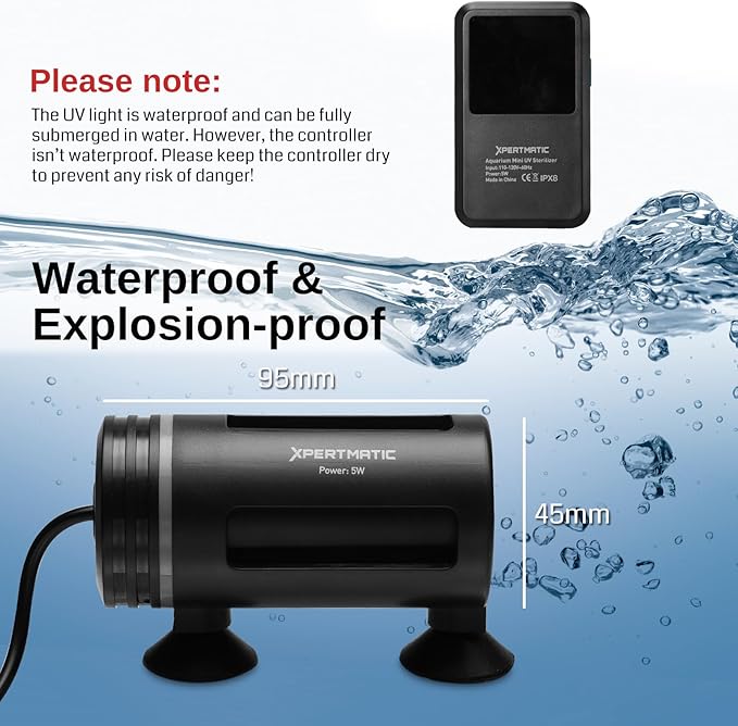 SainSmart XpertMatic Aquarium Sterilizer Light, 5W Mini Submersible Sanitizer with Timer Aquarium, Waterproof Lamp Cleaning Green and Algae for Fish Tank, Pond, Swimming Pool, Saltwater, Freshwater