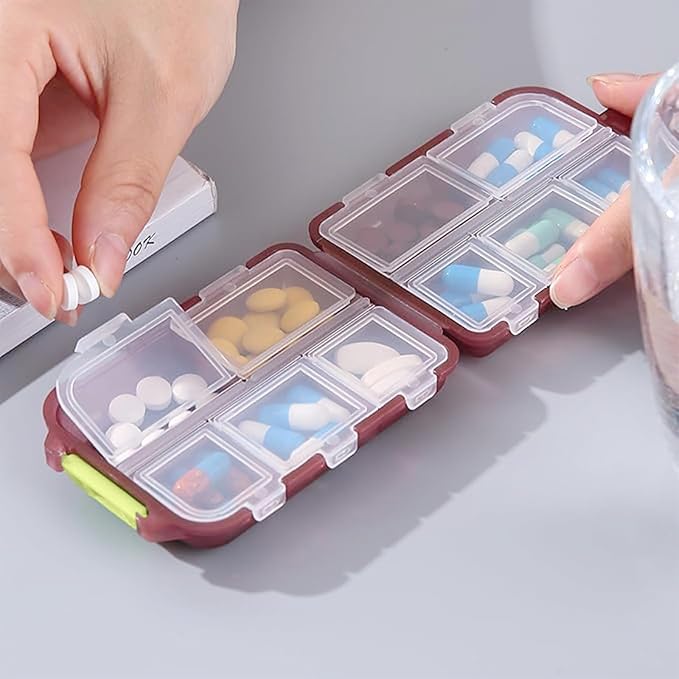Travel Pill Organizer Portable Pocket Pill Case Small Pill Box for Purse Medicine Organizer Have 10 Compartments Storage Vitamin Fish Oil by INVODA (Red)
