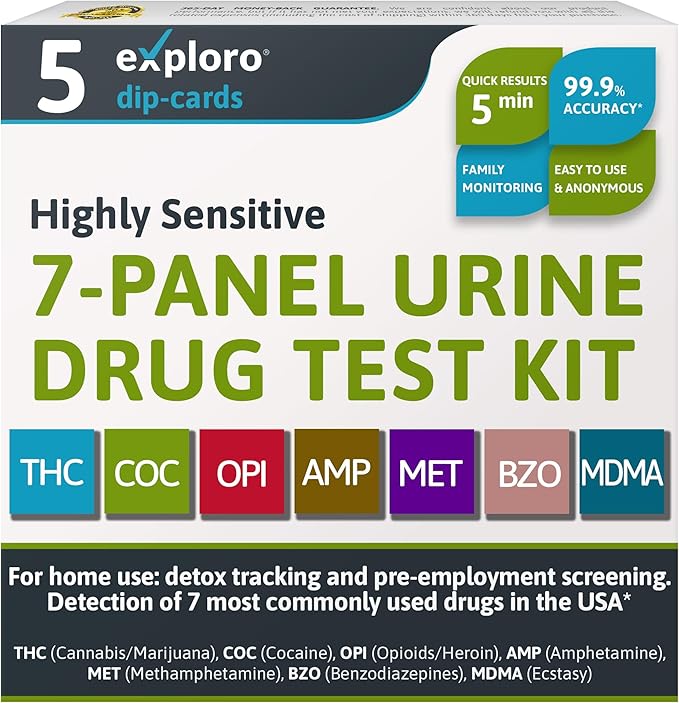 Exploro 7 Panel Drug Test Kit – at Home Urine Drug Test for THC, Cocaine, Opiates, Amphetamines, Benzodiazepines, MDMA & Methamphetamines – Easy & Accurate at Home Drug Testing Strips (Pack of 5)