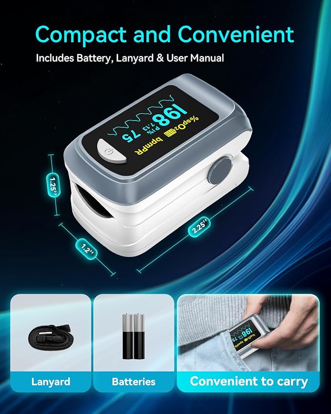 Fingertip Pulse Oximeter Blood Oxygen Saturation Monitor Pulse Ox, Heart Rate and Fast Spo2 Reading Oxygen Meter with OLED Screen Included Lanyard and 2 X AAA Batteries