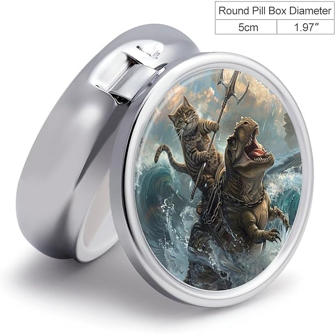 Pill Box-3 Compartment Small Pill Case, Portable Round Pill Box for Pocket or Purse, Decorative Metal Medicine Vitamin Organizer. (The Fighting Cat)