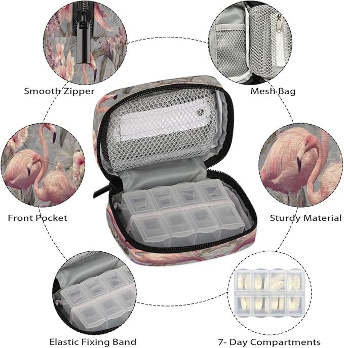 Pink Retro Flamingo Pill Case Travel Pill Organizer Weekly 7 Day Portable with Zipper Medicine Box Pill Case for Vitamins, Birth Control,Fish Oils,Medication, Supplements