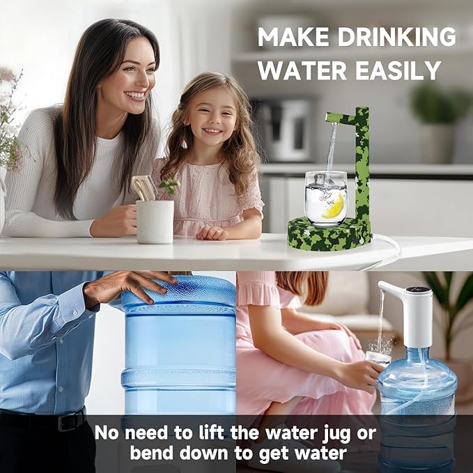 Water Dispenser for 5 Gallon Bottle – Desktop Electric Water Pump with USB-C Fast Charging, Portable 5 Gallon Water Jug Dispenser for Home, Office, Bedside & Countertop(Green Camouflage)