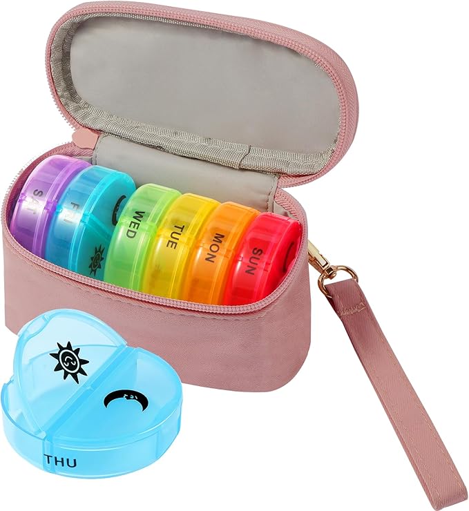 Weekly Pill Organizer 2 Times a Day, Travel Pill Box 7 Day with Large Opening, Pill Case, Pill Dispenser Medicine Organizer for Vitamins, Fish Oils, Medications, Supplements (Dusty-Pink, Small)